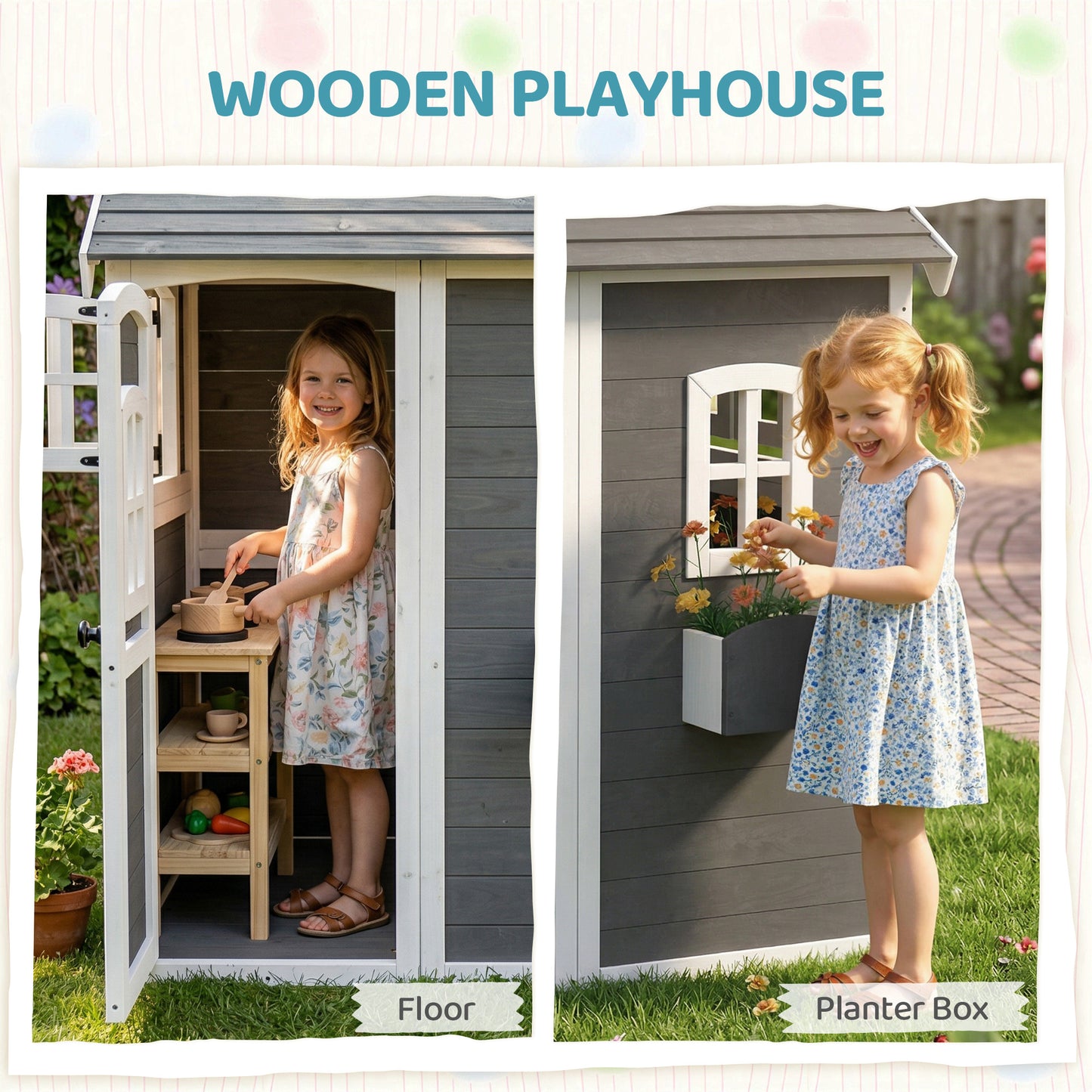 Wooden Playhouse for Kids with Doors, Windows, Plant Box, Floors, for Ages 3-8 Years, for Gardens, Lawns, Patios - Grey