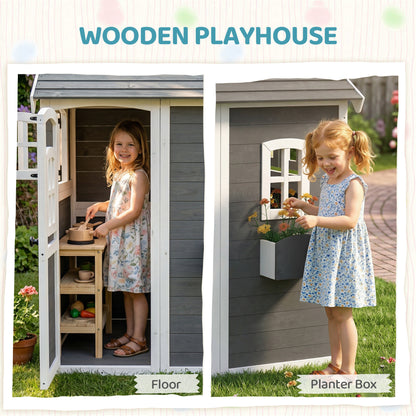 Wooden Playhouse for Kids with Doors, Windows, Plant Box, Floors, for Ages 3-8 Years, for Gardens, Lawns, Patios - Grey