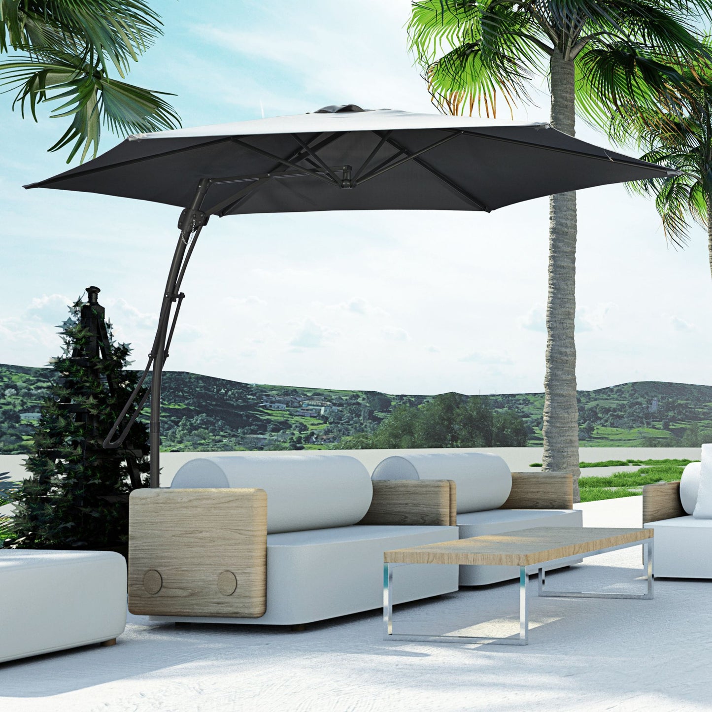 3m Cantilever Parasol with Easy Lever, Patio Umbrella with Crank Handle, Cross Base and 6 Metal Ribs