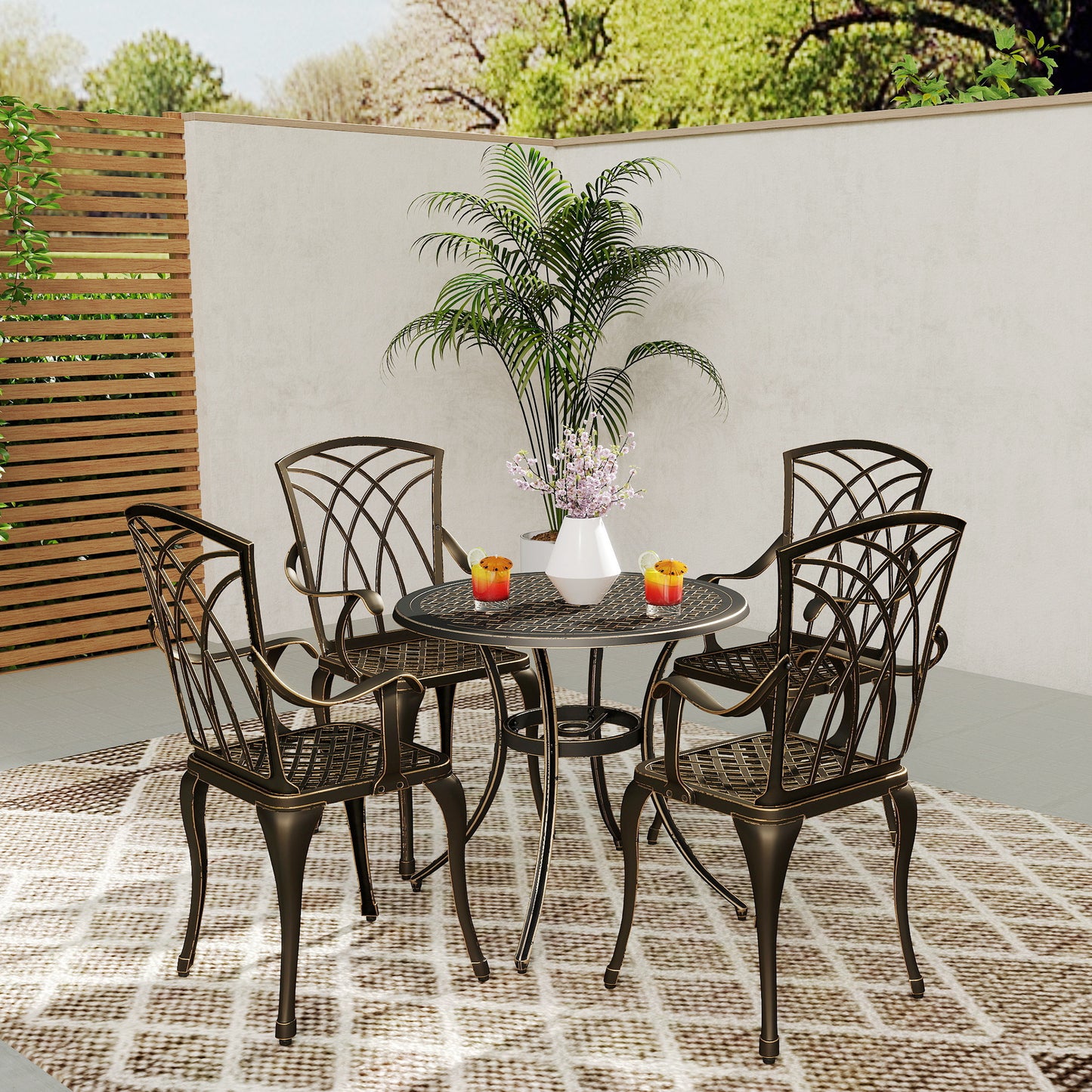 5 Pieces Garden Dining Set for 4, Cast Aluminium Outdoor Dining Set with 4 Armchairs and Round Dining Table with Parasol Hole