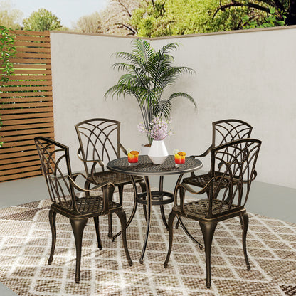 5 Pieces Garden Dining Set for 4, Cast Aluminium Outdoor Dining Set with 4 Armchairs and Round Dining Table with Parasol Hole