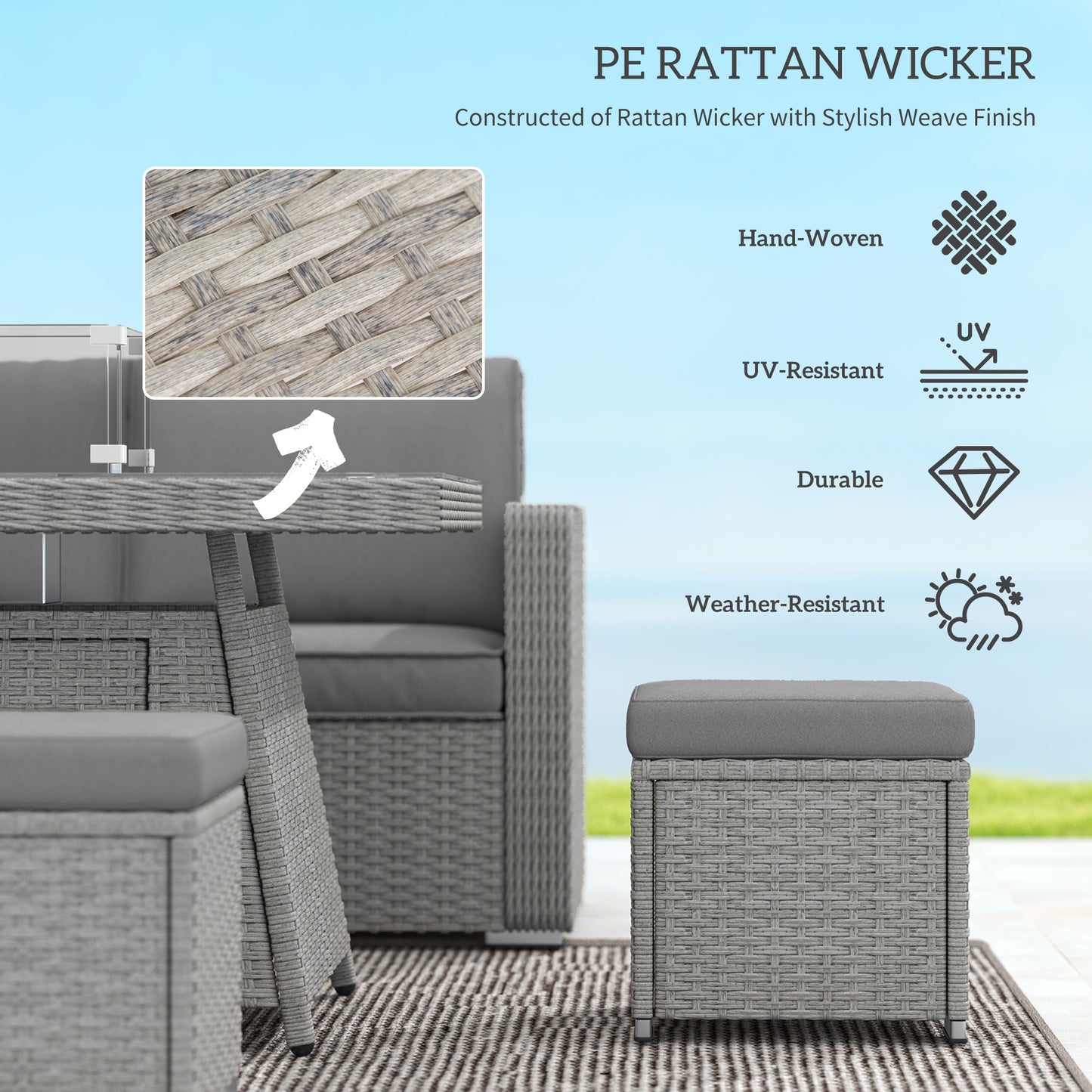 Seven-Piece Firepit Table Rattan Sofa Set - Grey