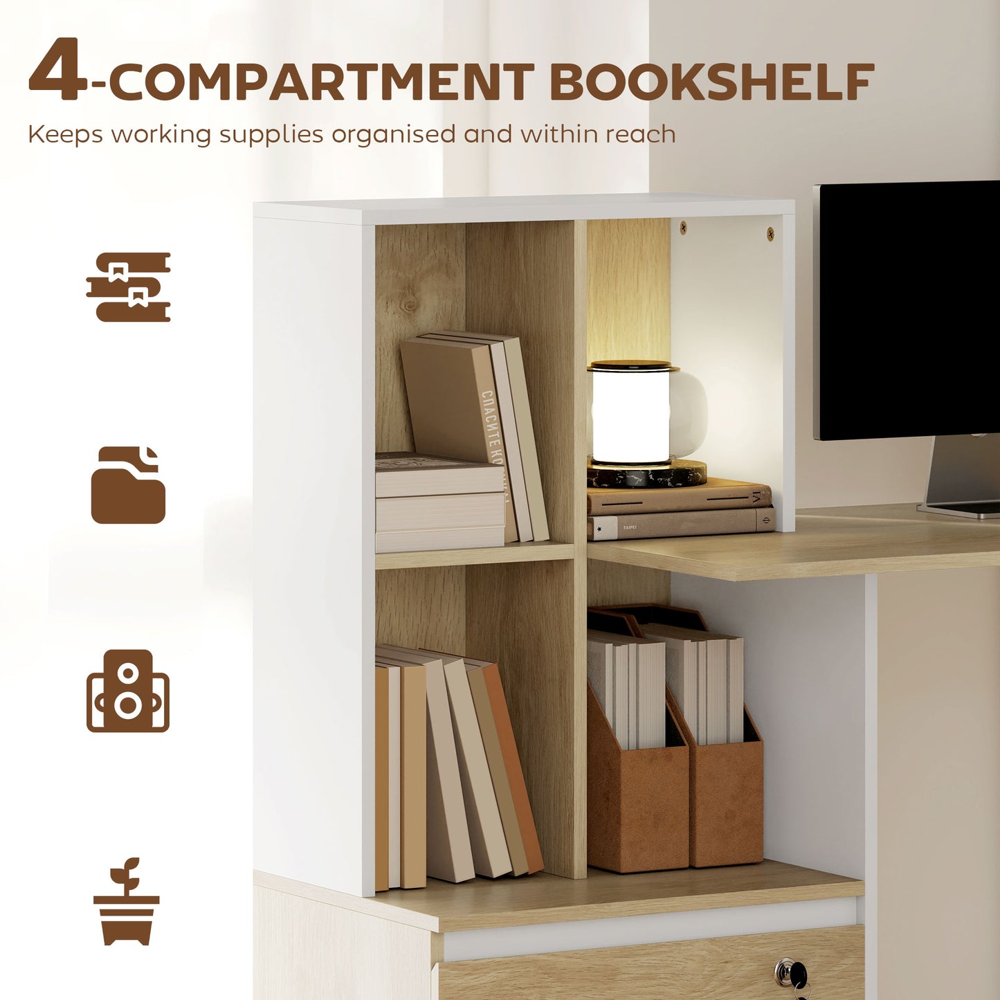 Computer Desk, Office Desk with Bookshelf, File Drawer and Legal Hanging File Holders, Oak Wood Effect