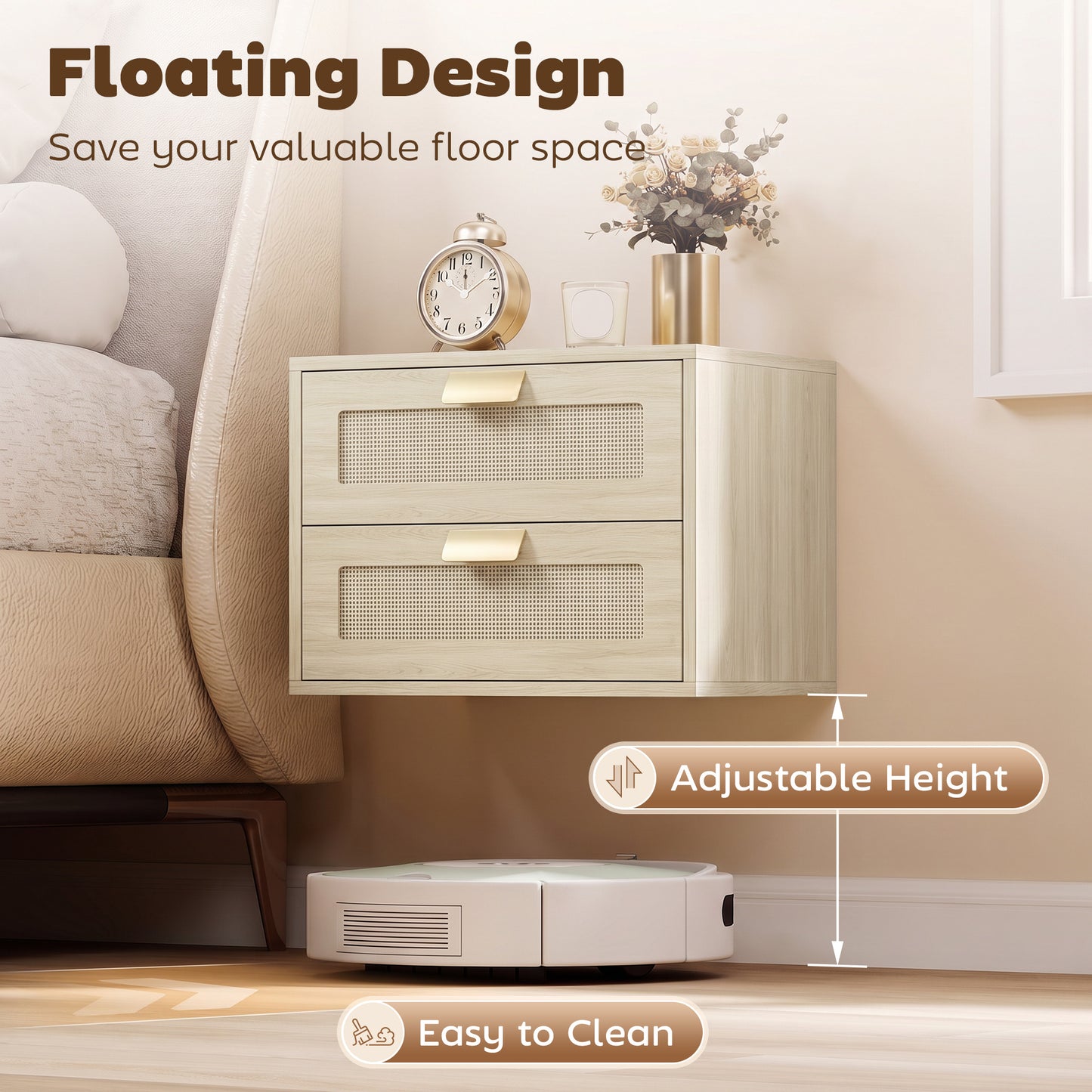 Modern Floating Nightstands Set of 2, Wall Mounted Bedside Tables with 2 Drawers, Oak