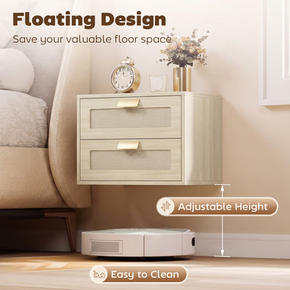 Modern Floating Nightstands Set of 2, Wall Mounted Bedside Tables with 2 Drawers, Oak