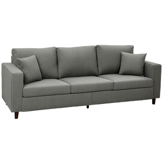 3 Seater Sofa with Wide Seat, Corduroy Fabric Couch with Deep Seat, Spring Cushion, Light Grey