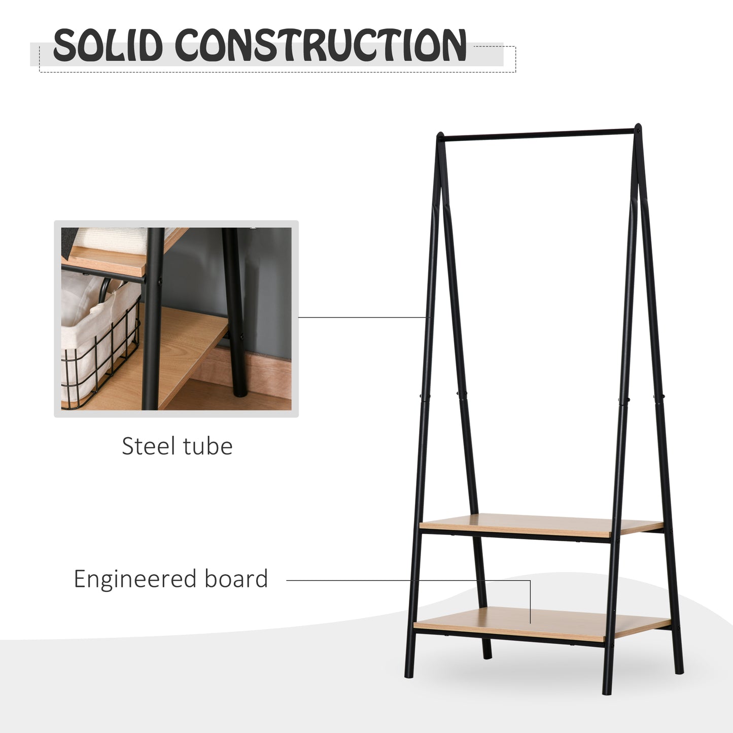 Clothes Rail, Freestanding Metal Clothes Rack with 2 Tier Storage Shelves for Bedroom and Entryway, 64 x 42.5 x 149 cm