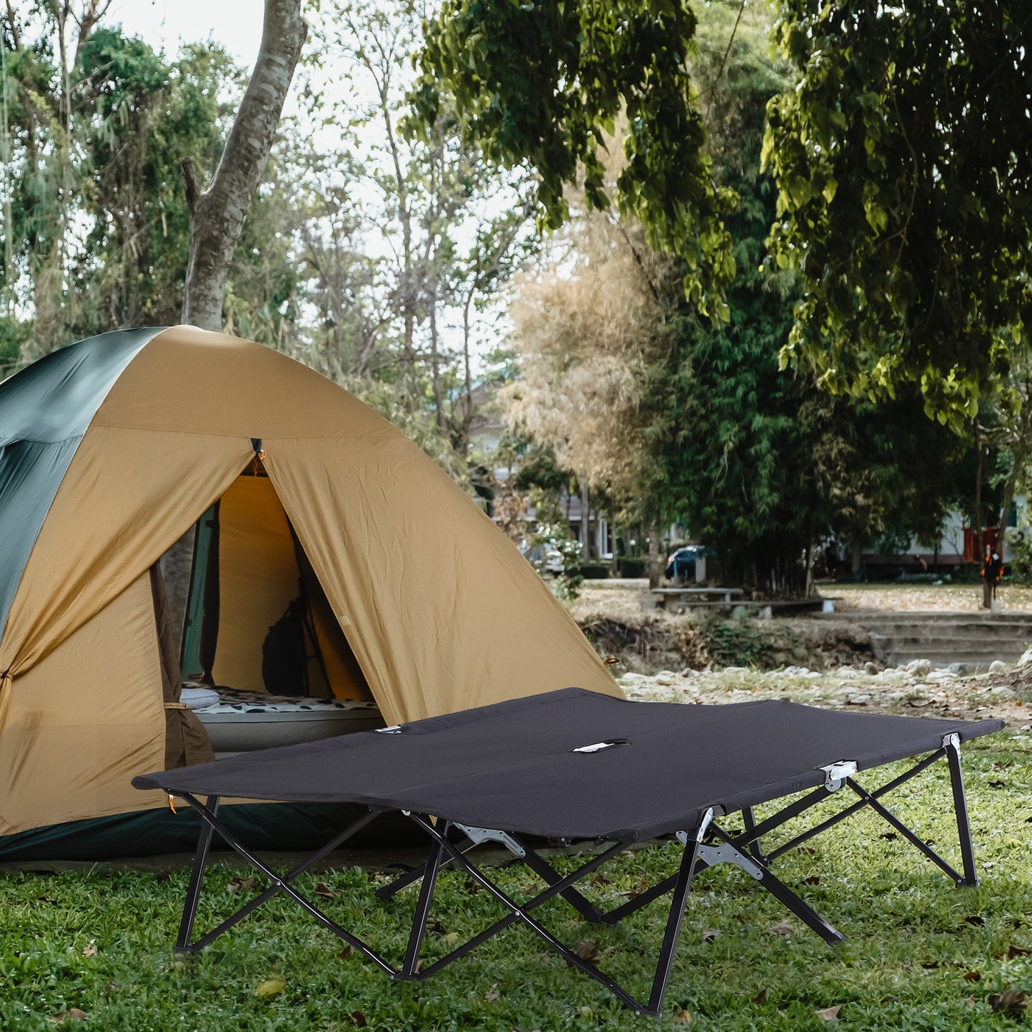 Double Camping Cot Bed, with Bag - Black