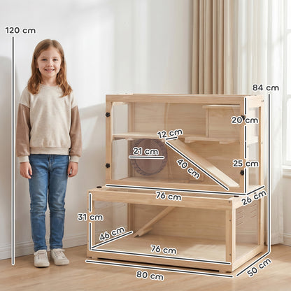Wooden Hamster Cage with Hut, Wheel, Ramps, Removable Viewing Panels, 80 x 50 x 84 cm, Natural