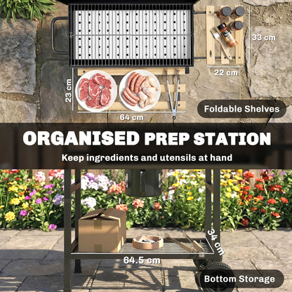 Charcoal Grill, Barrel BBQ Smoker with Warming Rack, Charcoal BBQ Grill with Foldable Shelves, Natural Wood and Black