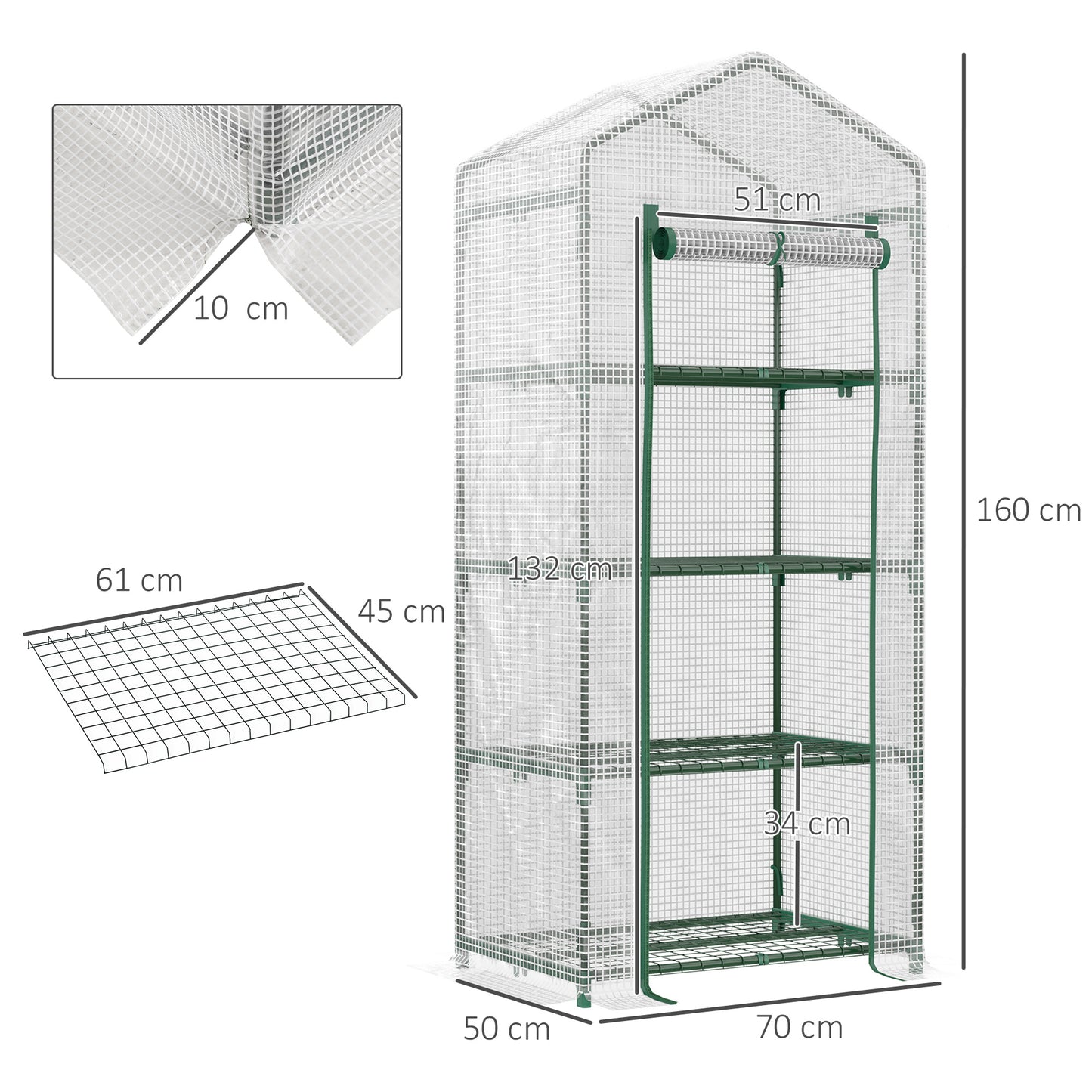 4 Tier Mini Greenhouse, Portable Compact Green House with Steel Frame, PE Cover, Roll-up Door, 70 x 50 x 160 cm, White