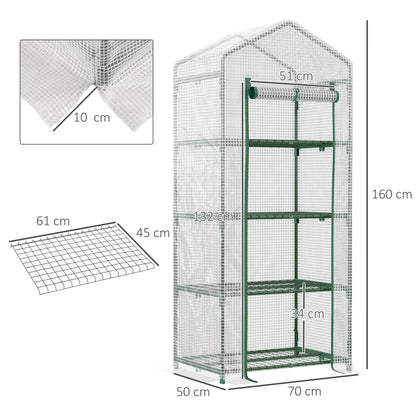 4 Tier Mini Greenhouse, Portable Compact Green House with Steel Frame, PE Cover, Roll-up Door, 70 x 50 x 160 cm, White