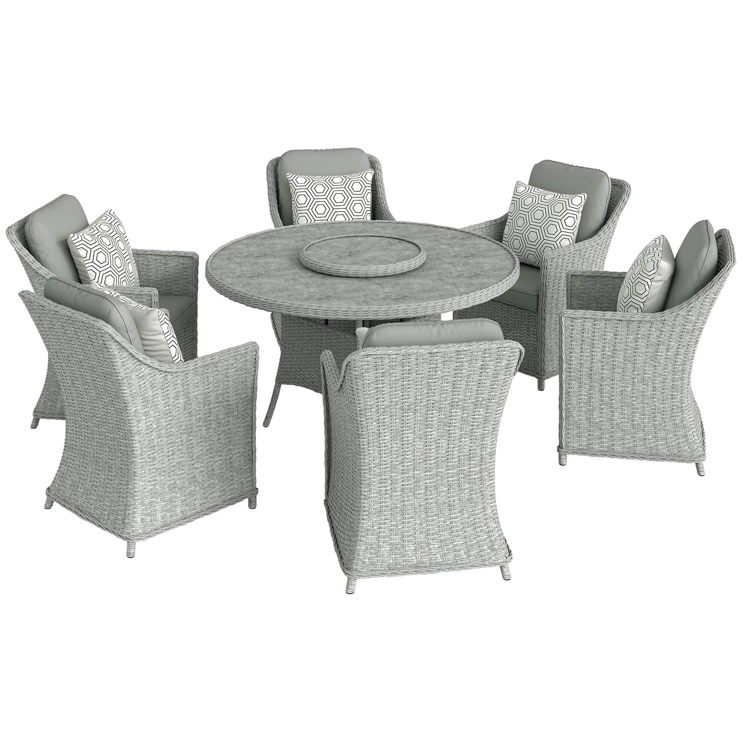 Rattan Garden Dining Set with Turntable, Marble Effect Glass Round Garden Table and Chairs with Aluminium Frame, Grey