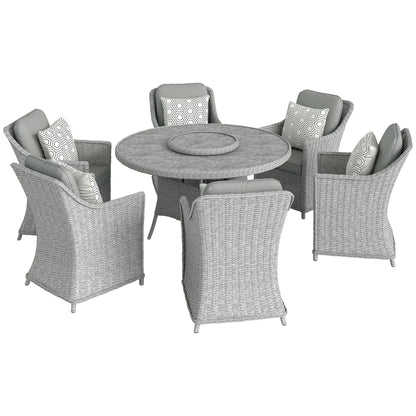 Rattan Garden Dining Set with Turntable, Marble Effect Glass Round Garden Table and Chairs with Aluminium Frame, Grey