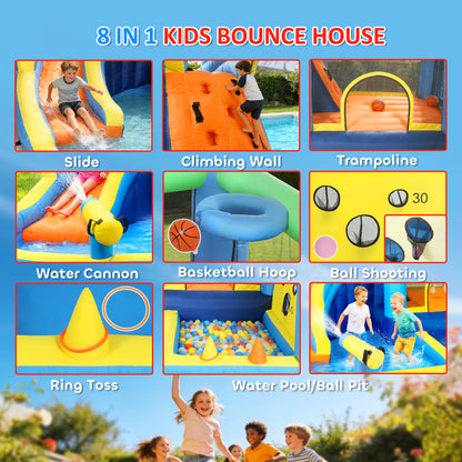 8 in 1 Bouncy Castle for Kids, Inflatable Bounce House with Slide, Pool (Ball Pit), Water Cannon for Indoor Outdoor