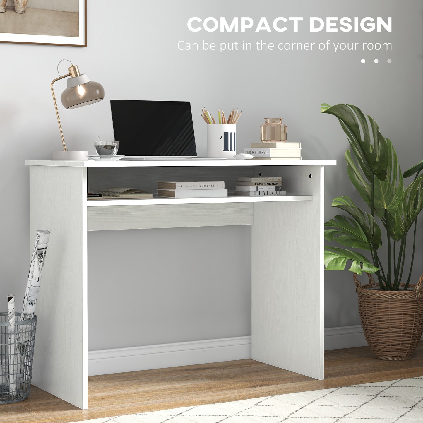 Modern Computer Desk, Home Office Table, Small Writing Desk with Storage Shelf, 90 x 50cm, White Wood Grain