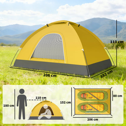 2 Person Camping Tent, Dome Tent with Zipped Doors, Storage Pocket, Portable Handy Bag, Yellow