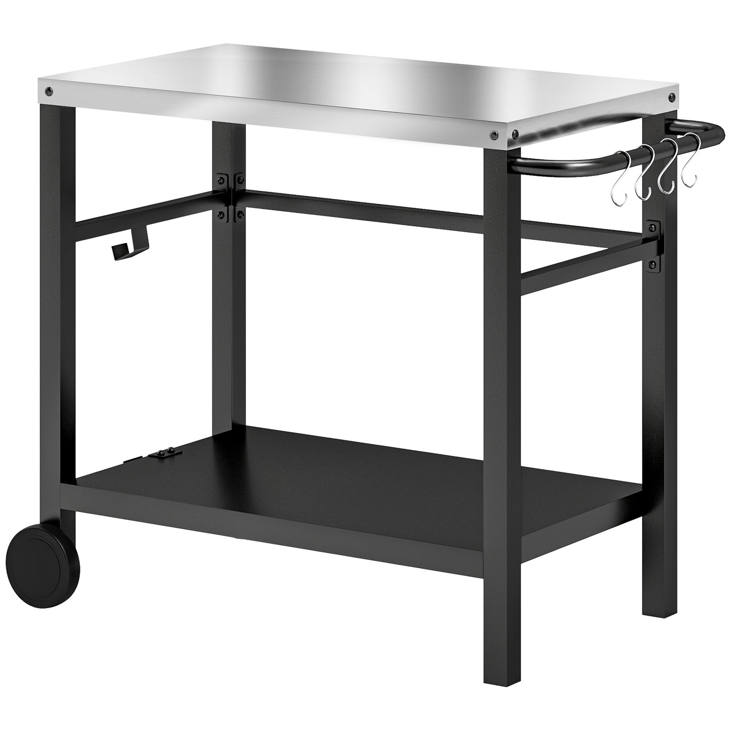 Outdoor Grill Dining Cart 2-Shelf Movable Pizza Oven Table Stand with Stainless Steel Top