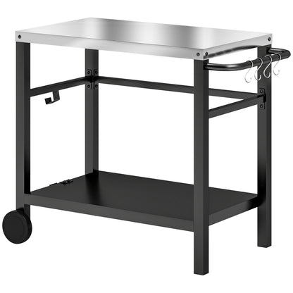 Outdoor Grill Dining Cart 2-Shelf Movable Pizza Oven Table Stand with Stainless Steel Top