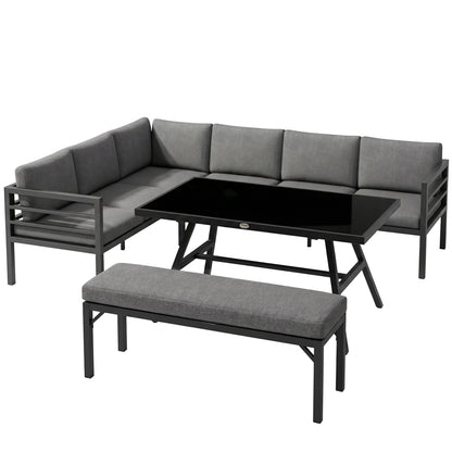 4 Piece L-shaped Garden Furniture Set 8-Seater Aluminium Outdoor Dining Set Conversation Sofa Set w/ Bench