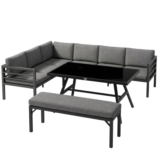 4 Piece L-shaped Garden Furniture Set 8-Seater Aluminium Outdoor Dining Set Conversation Sofa Set w/ Bench