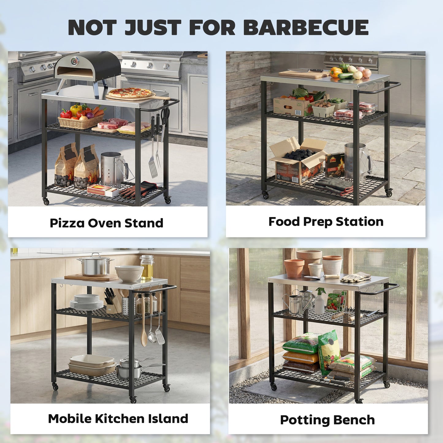 Outdoor Grill Cart with Stainless Steel Tabletop, 3-Tier Pizza Oven Stand with 2 Shelves, 6 Hooks, Wheels, Black