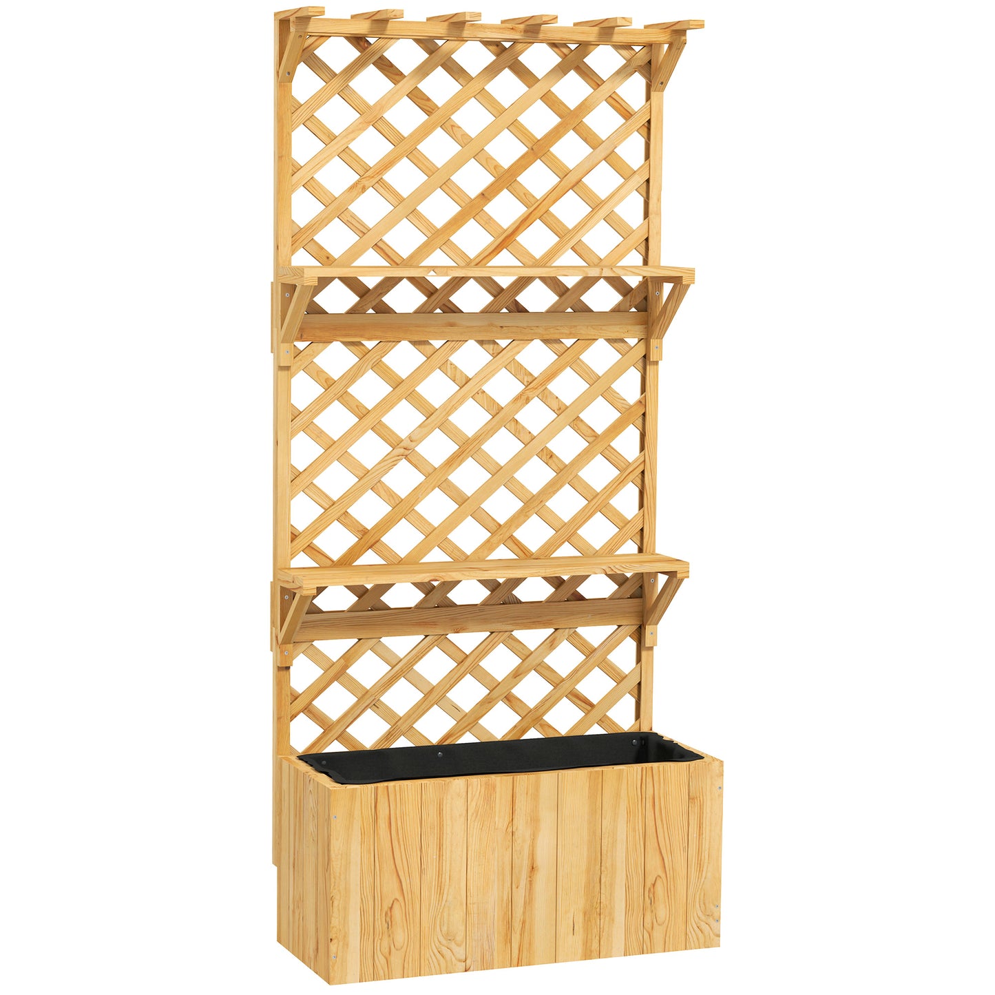 52L Wooden Planter, with Trellis and Shelves - Natural Finish