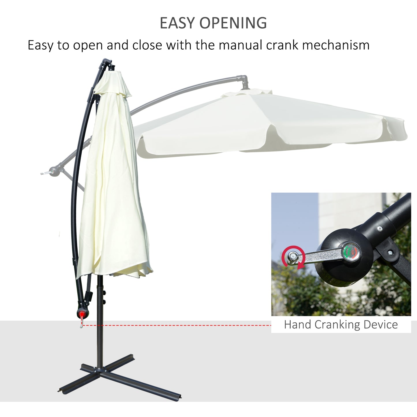 2.7m Garden Banana Parasol Cantilever Umbrella with Crank Handle and Cross Base for Outdoor, Hanging Sun Shade, Cream White