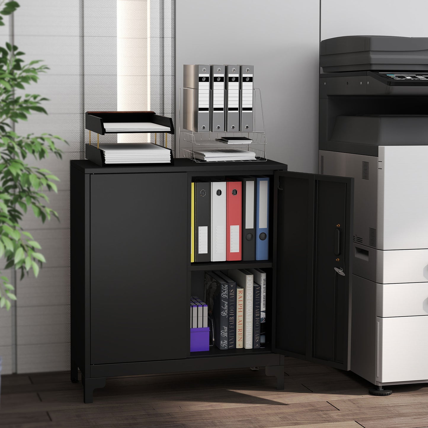 Lockable Metal Filing Cabinet, 2-Tier Storage Cupboard with Double Doors, Modern Office Organiser, Black