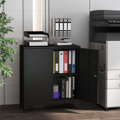 Lockable Metal Filing Cabinet, 2-Tier Storage Cupboard with Double Doors, Modern Office Organiser, Black