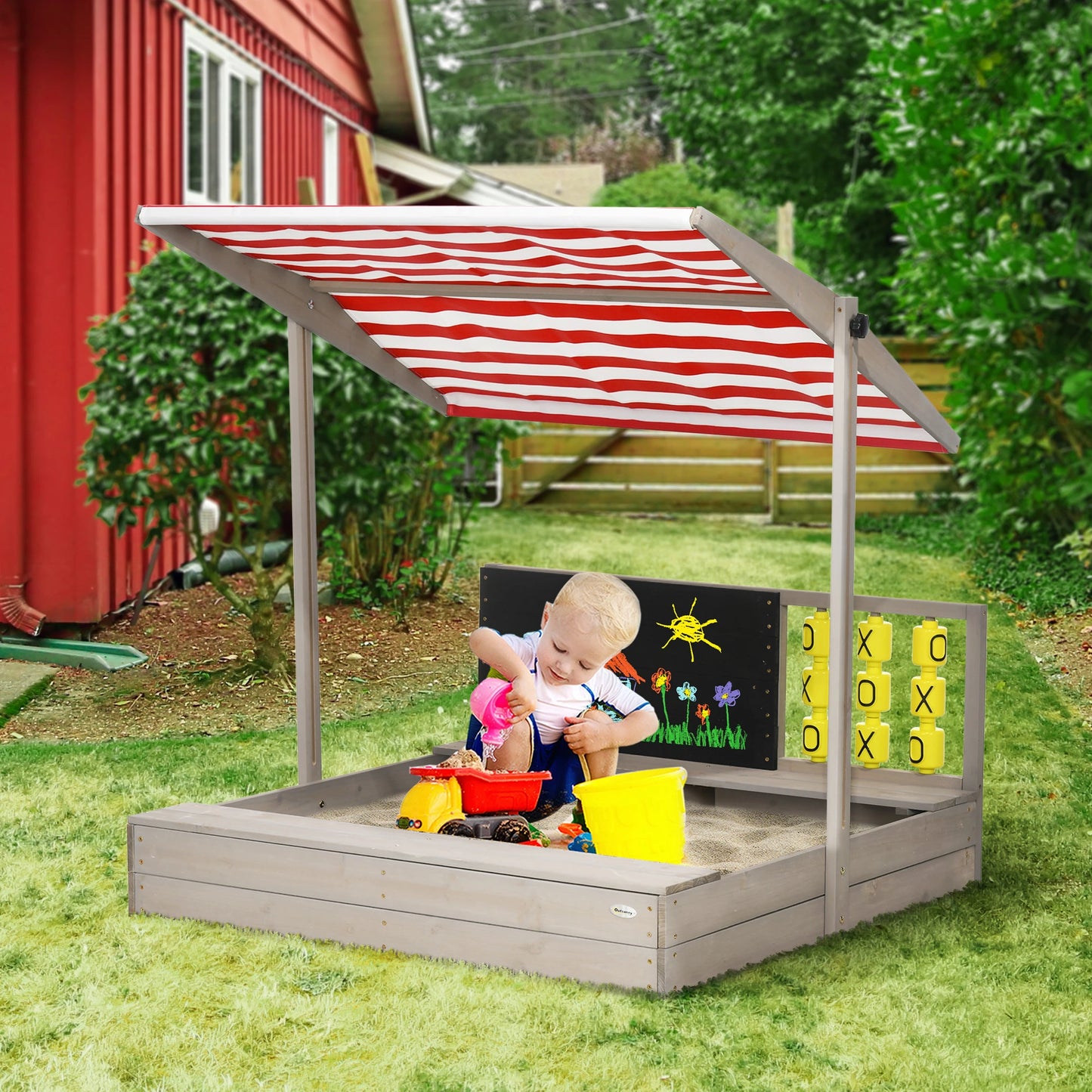 Kids Wooden Sandpit / Sandbox with Canopy, Chalkboard and Naughts & Crosses