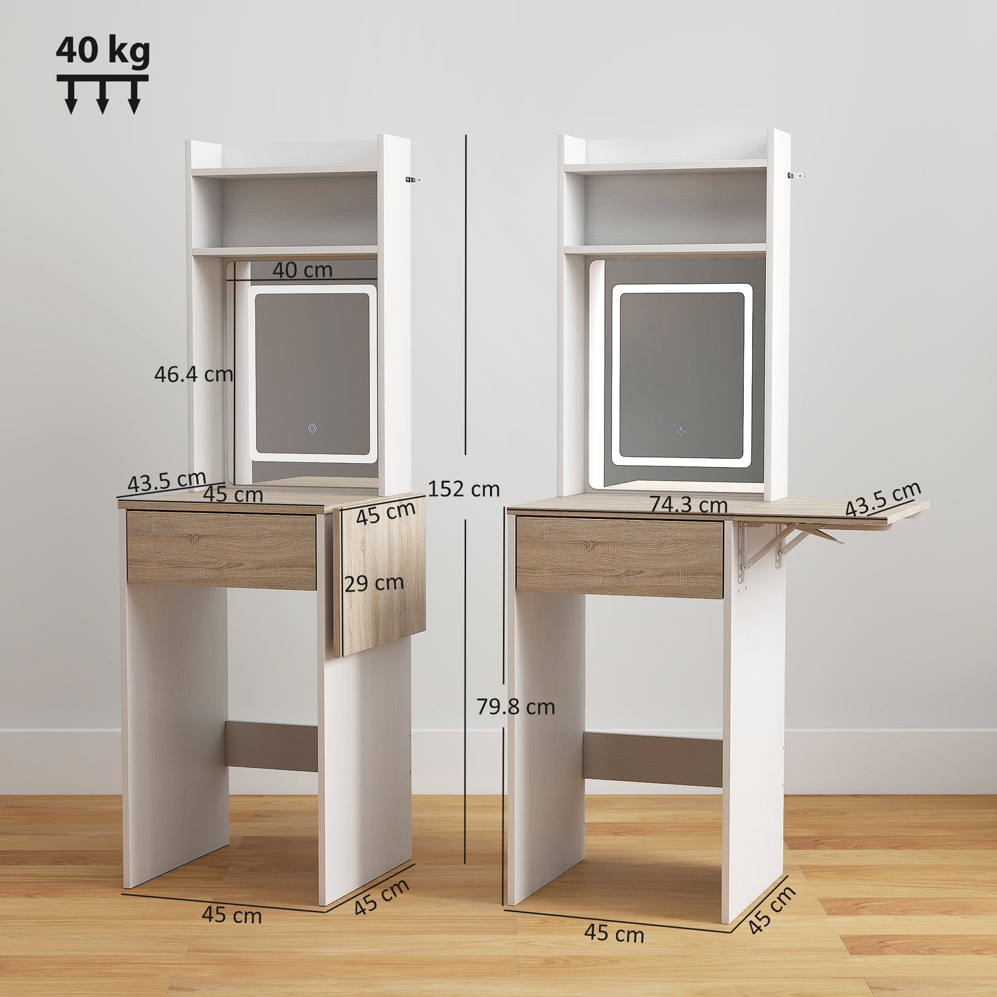 Small Vanity Desk with Mirror and LED Lights, Compact Dressing Table with Drop Leaf, Open Shelves and Drawer, White