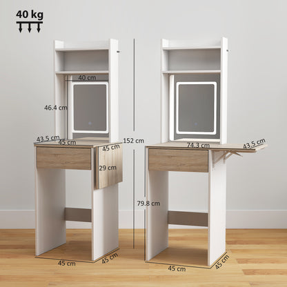 Small Vanity Desk with Mirror and LED Lights, Compact Dressing Table with Drop Leaf, Open Shelves and Drawer, White