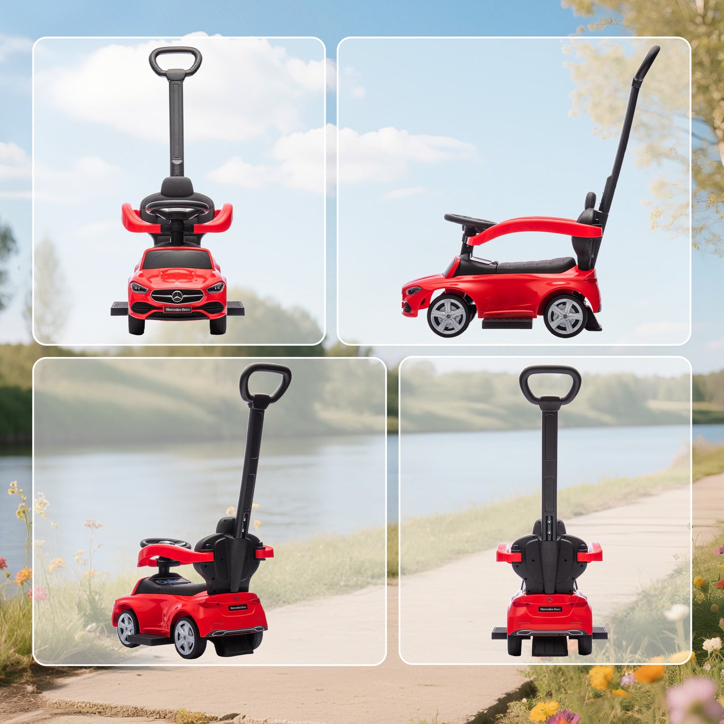 2 in 1 Baby Ride on Push Car Mercedes-Benz C-Class Licensed Walker Foot to Floor Push-Along with Removable Handle, Red