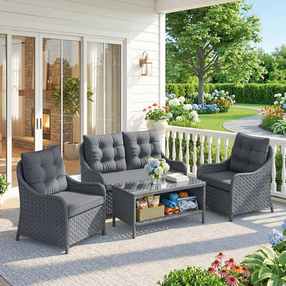 4-Piece Wicker Patio Furniture Set with 2 Armchairs, Loveseat, Glass Coffee Table, Conversation Sofa Set, Dark Grey