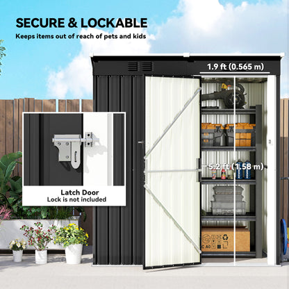 5 x 3 ft Lean-to Garden Shed, Outdoor Storage Shed with Lockable Door and Vents, Dark Grey