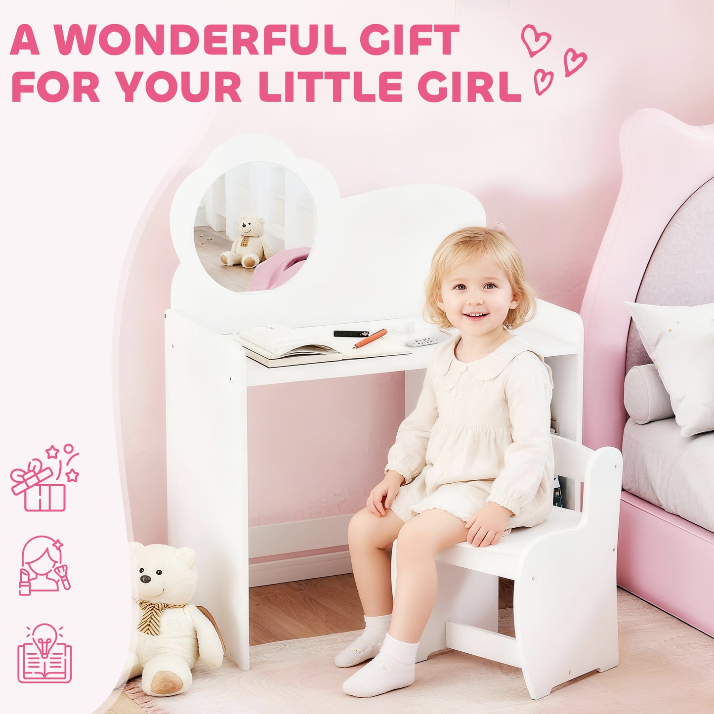 Kids Dressing Table with Mirror, Stool, Kids Vanity Table with Shelves, for Ages 3-8 Years, White