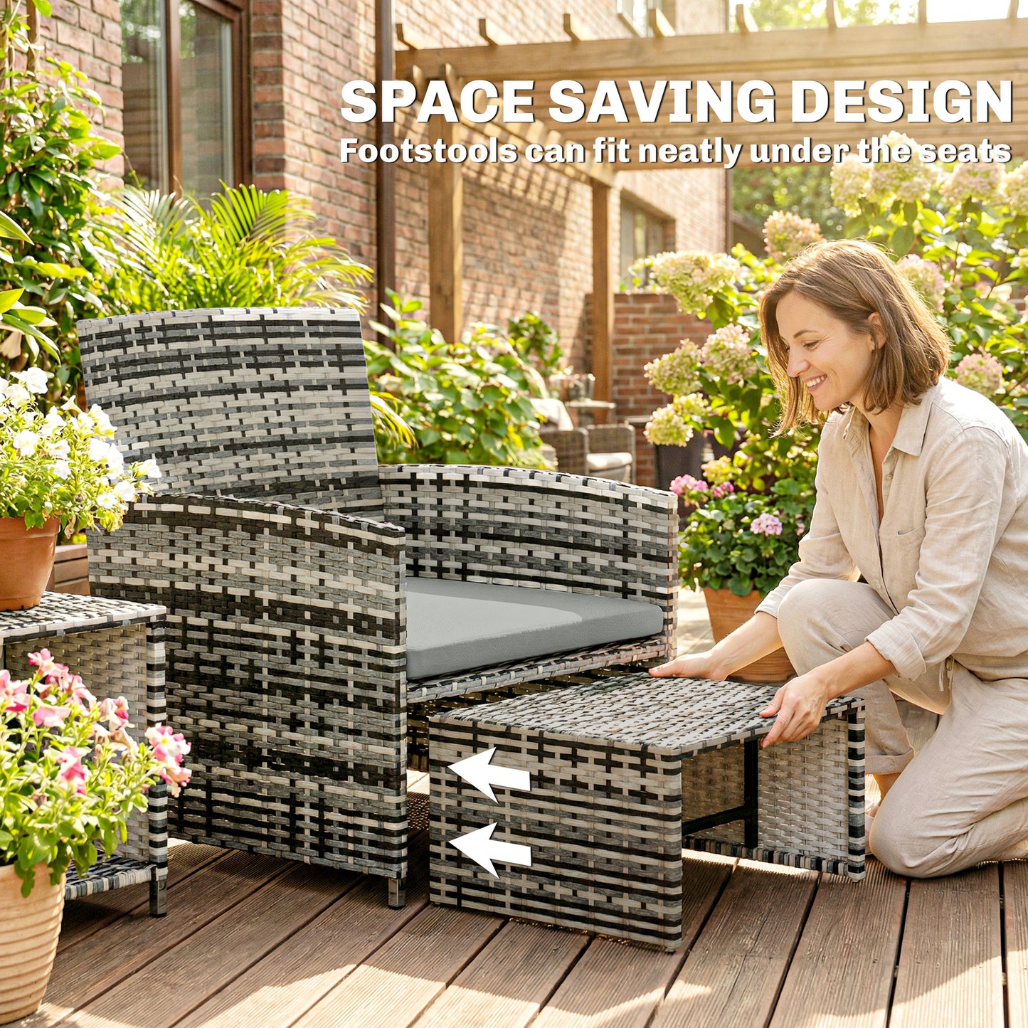 6 Piece Rattan Garden Furniture, Space-Saving Patio Furniture Set with Nesting Tables, Chairs, Stools, Cushions, Grey