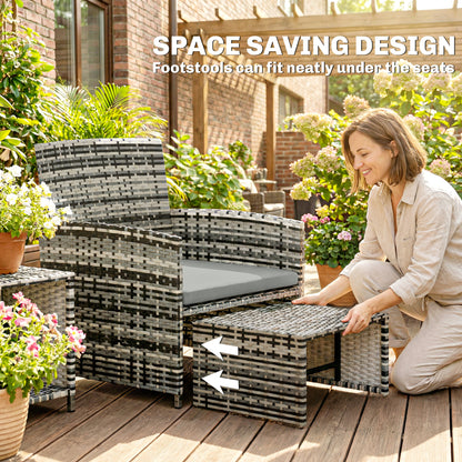 6 Piece Rattan Garden Furniture, Space-Saving Patio Furniture Set with Nesting Tables, Chairs, Stools, Cushions, Grey