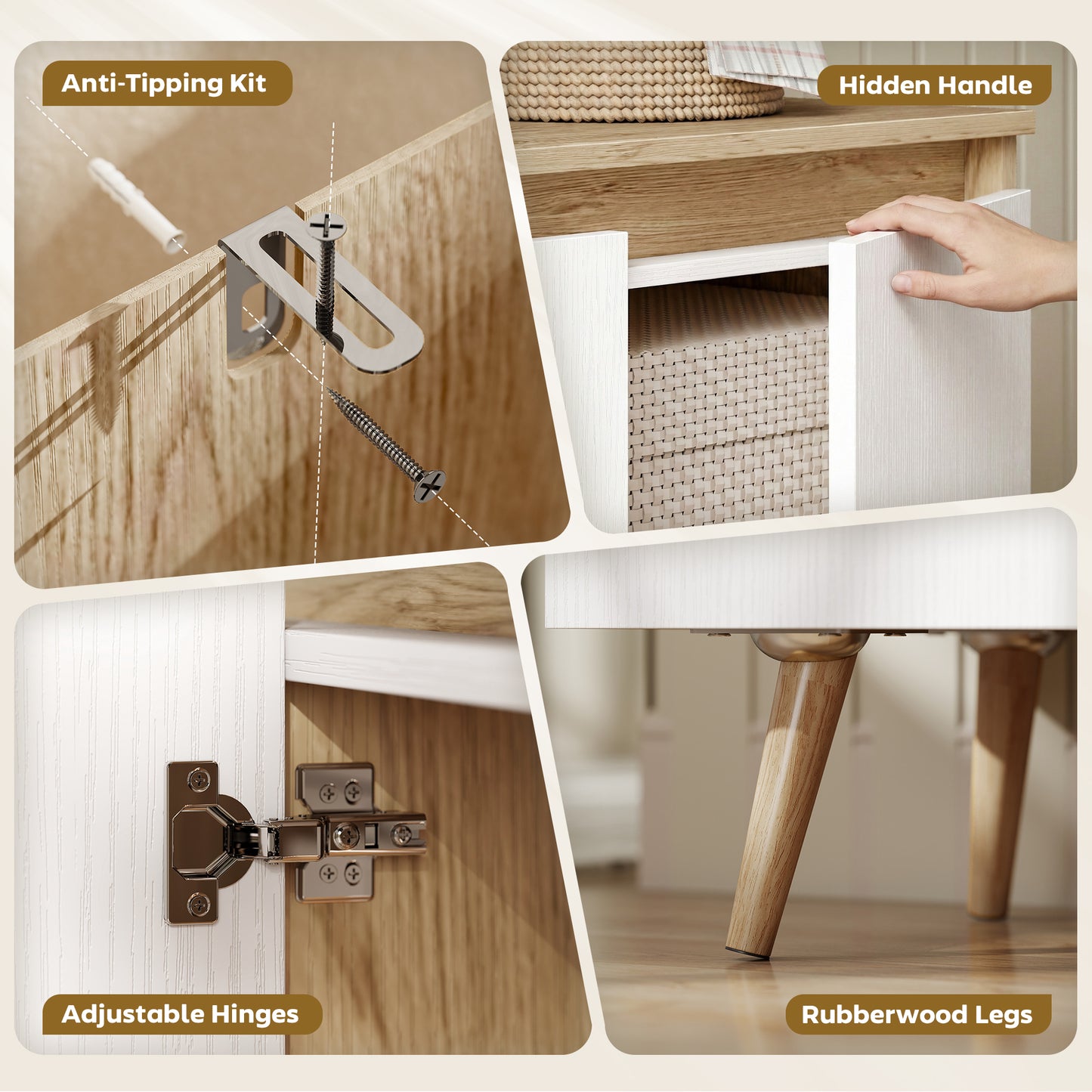 Sideboard Storage Cabinet, Kitchen Cupboard with 3 Doors, 2 Adjustable Shelves and 5 Rubberwood Legs, White and Oak
