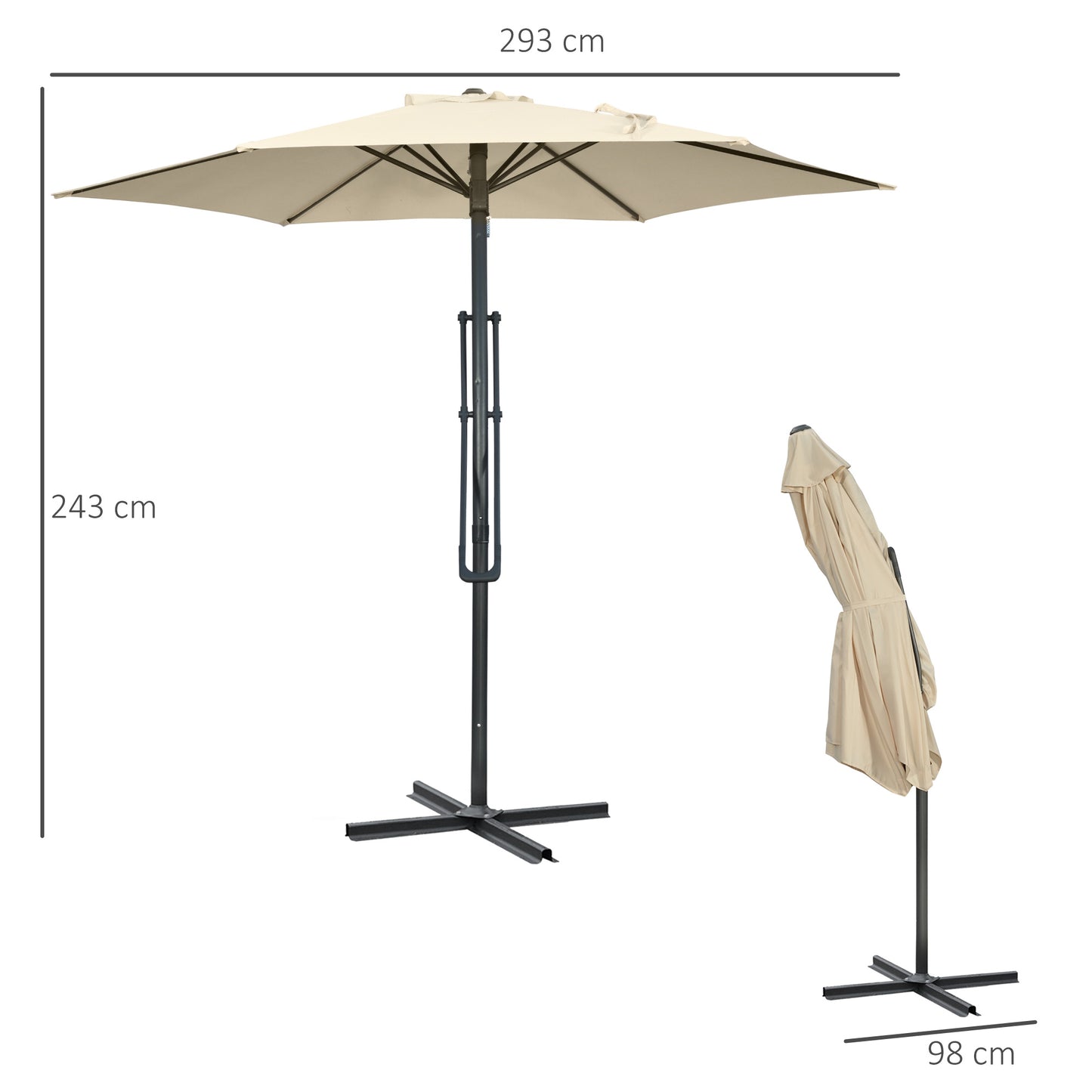 3m Cantilever Parasol with Easy Lever, Patio Umbrella with Crank Handle, Cross Base and 6 Metal Ribs