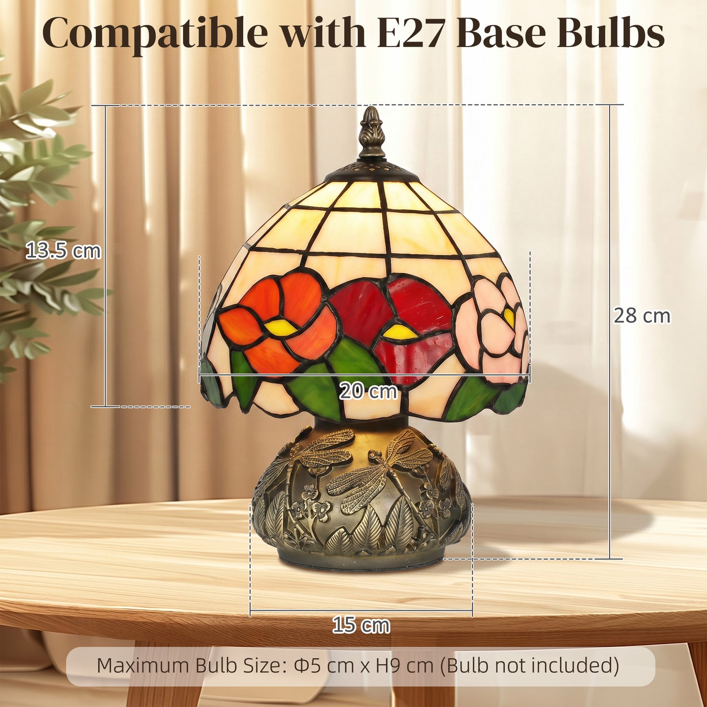 Handcrafted Classic Stained Glass Bedside Lamp, Tiffany-Style Table Lamp with Sculpted Dragonfly Base, Multi-Coloured