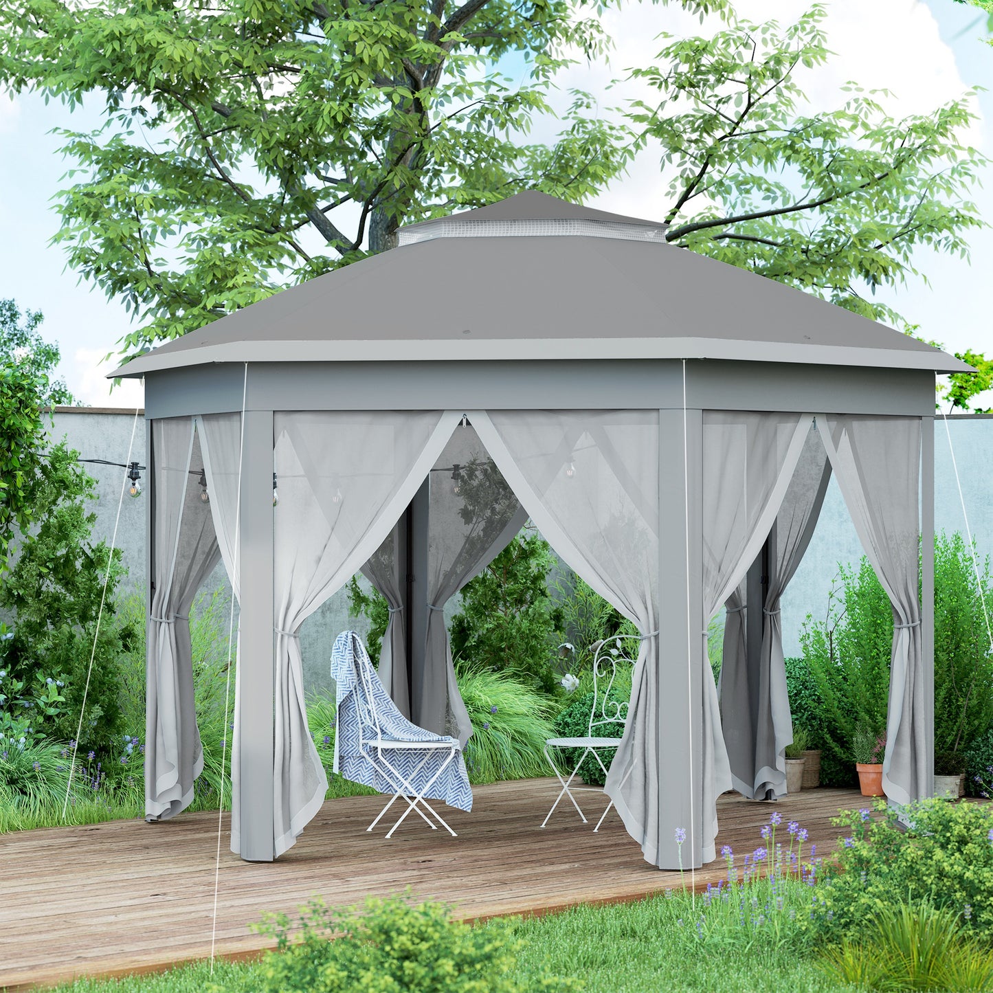 3 x 4m Garden Gazebo Hexagon Pop Up Gazebo Party Tent Canopy Double Roof Instant Shelter