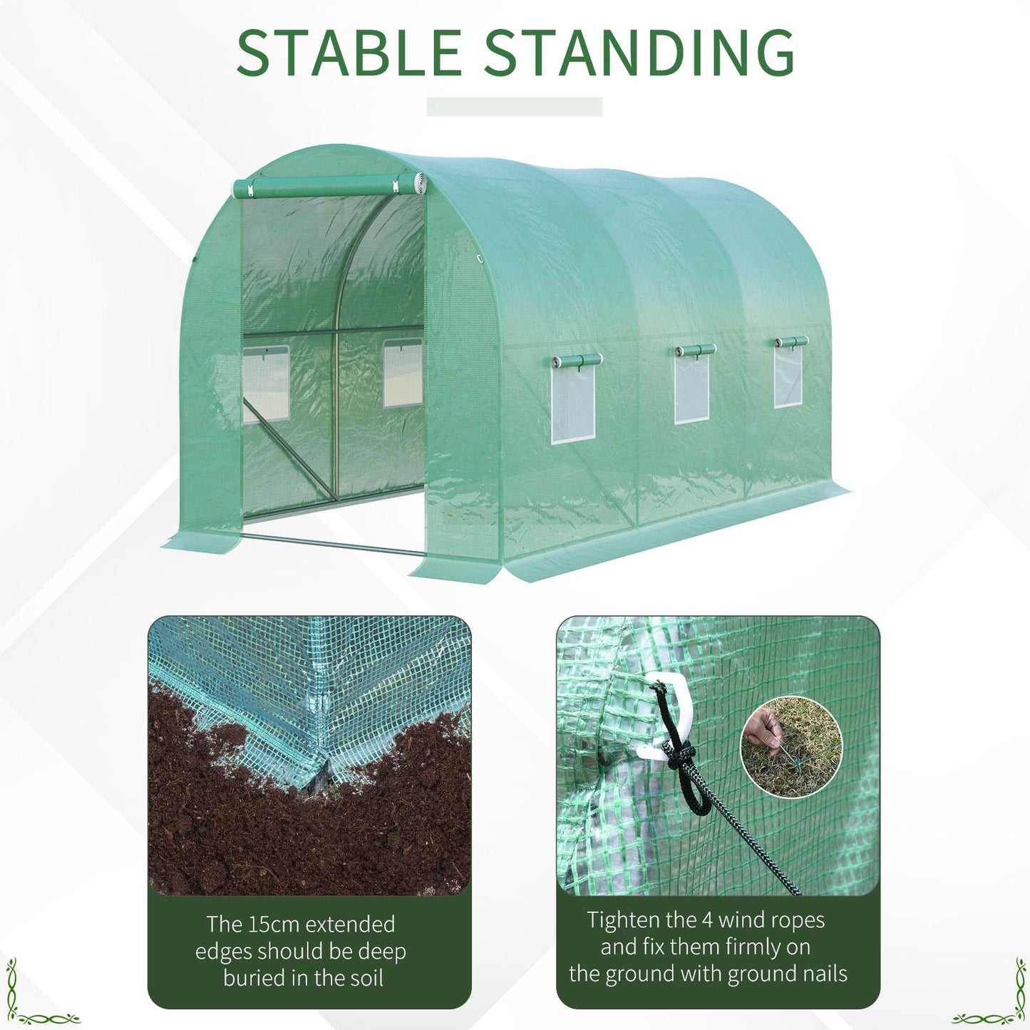 4 x 2 x 2 m Polytunnel Greenhouse with Roll-up Door and 6 Mesh Windows