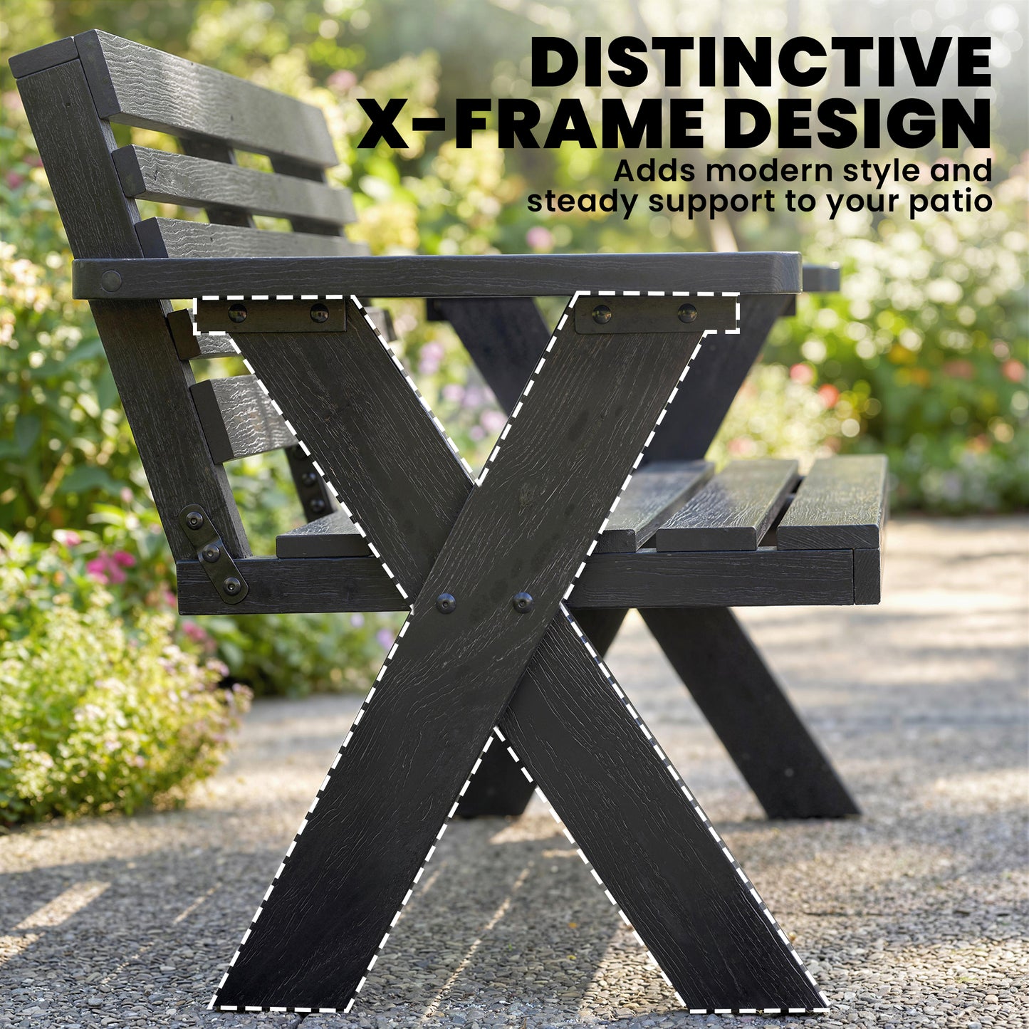 2 Seater Wooden Garden Bench, Slatted Patio Bench with Armrest and Backrest, Black