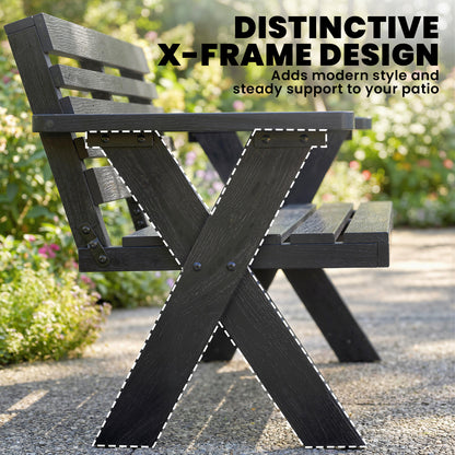 2 Seater Wooden Garden Bench, Slatted Patio Bench with Armrest and Backrest, Black