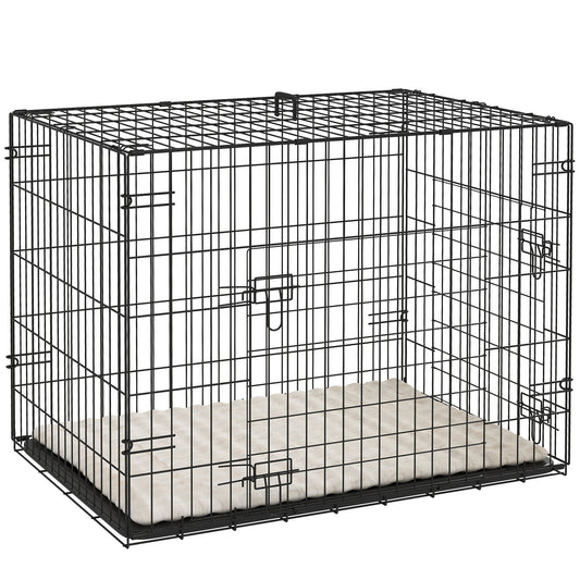 Foldable Dog Crate with 2 Doors with Tray, Soft Cushion, for Small Dogs, 75 x 49 x 53 cm, Black