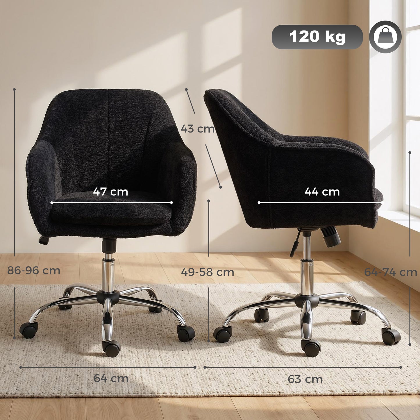 Modern Makeup Vanity Chair, Snow Flannel Office Chair with Tub Back, Black
