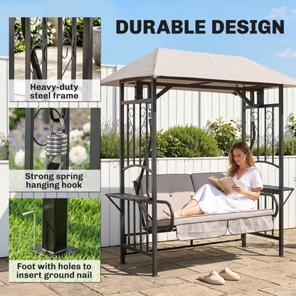 Outdoor Garden 2 Seater Canopy Swing Chair Seat Porch Loveseat Vintage Hammock Cushioned Seat w/ Steel Frame and Side Drink P