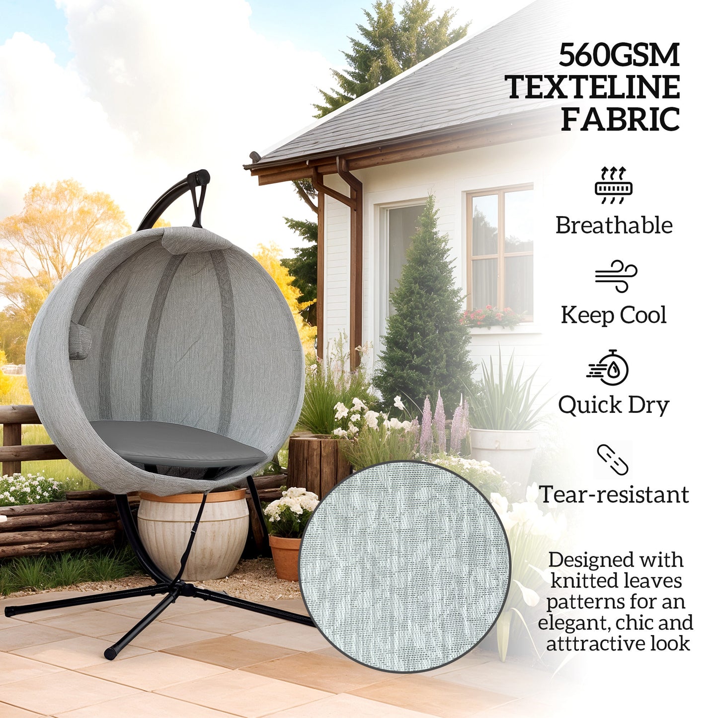 Hanging Egg Chair Outdoor Indoor Garden Swing Chair with Folding Basket, Thickened Cushion, Cup Holder for Patio, Balcony
